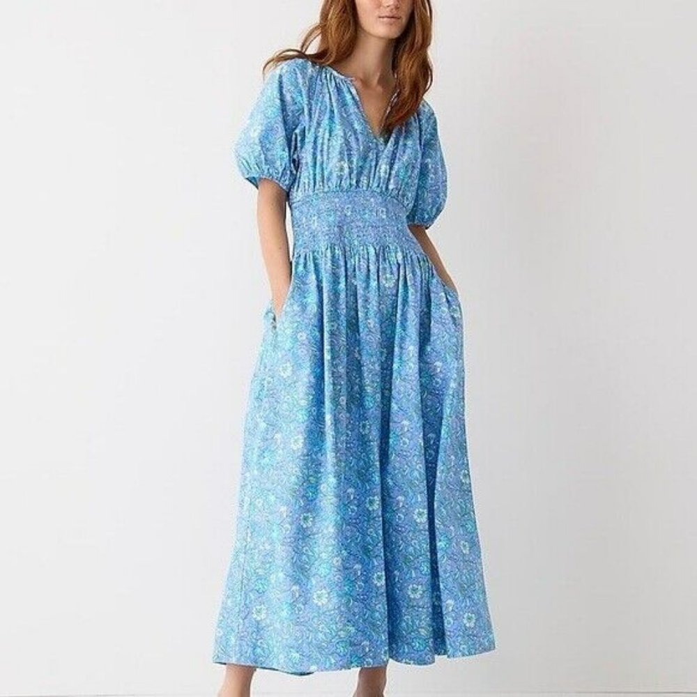 J. Crew Provence Smocked Waist Midi Dress in Marigold Blooms
